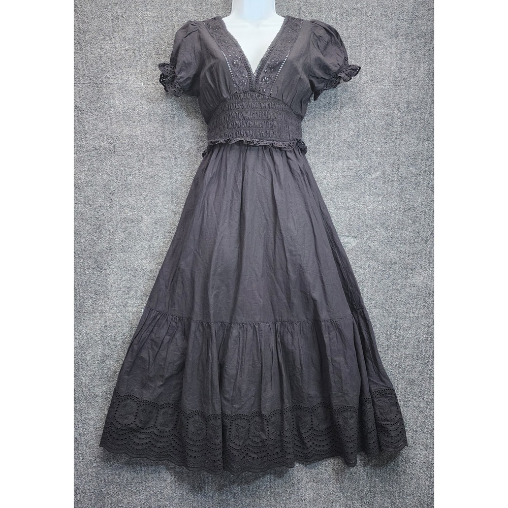 American Eagle Eyelet Smocked Boho Romantic Cottagecore Cotton Maxi Dress Sz XS